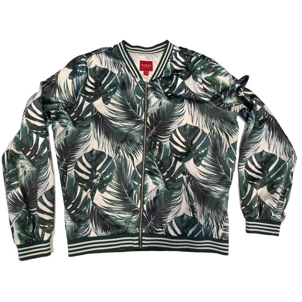 GUESS Bomber Jacket Womens Size M Green Brand New Floral Satin Leaf Print